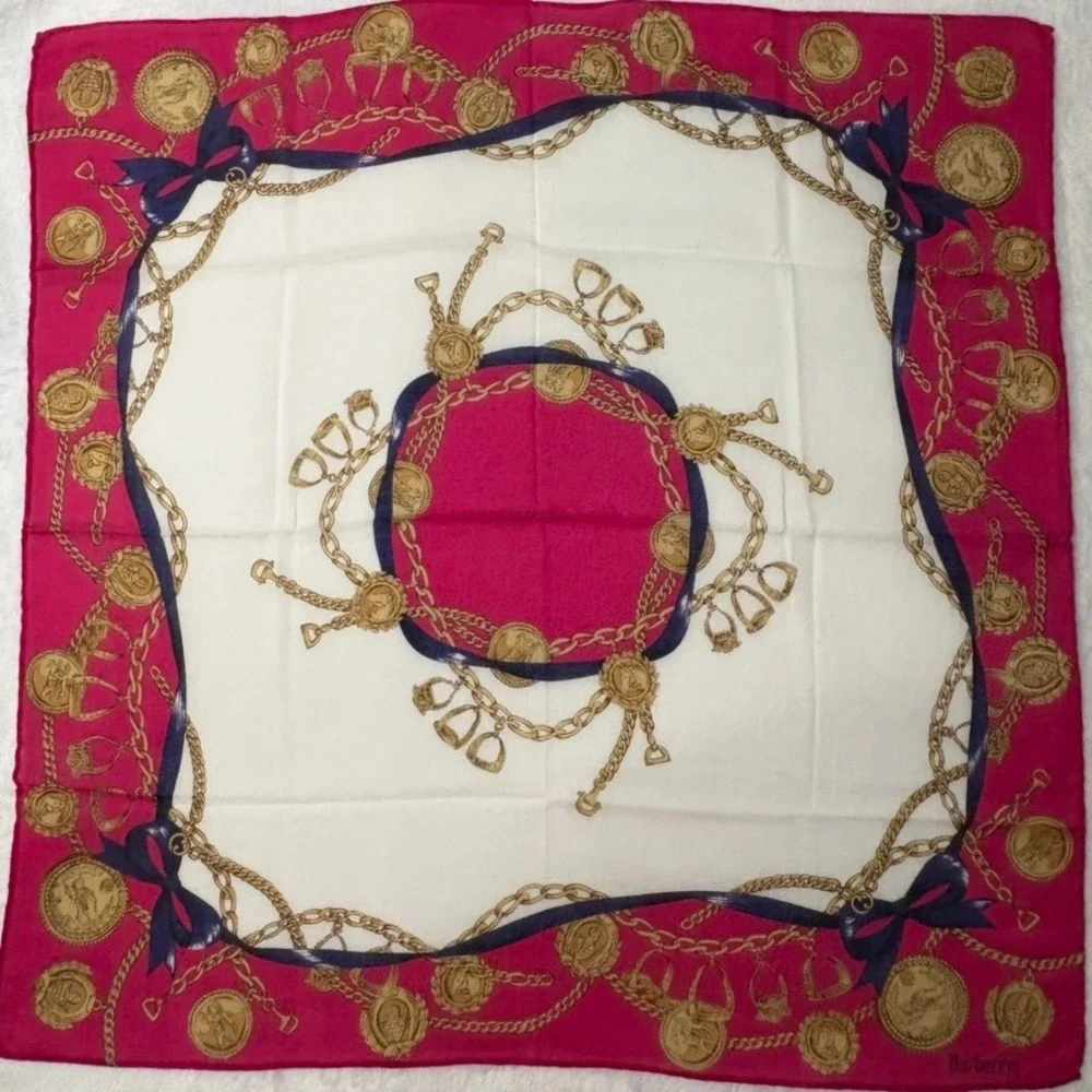 Vtg BURBERRYS Scarf Handkerchief Equestrian Chain Pink White 18